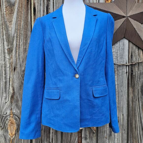 10 Tall Blue Blazer Ann Taylor LOFT Size 10T Single Button Jacket Flap Pockets - Picture 1 of 10